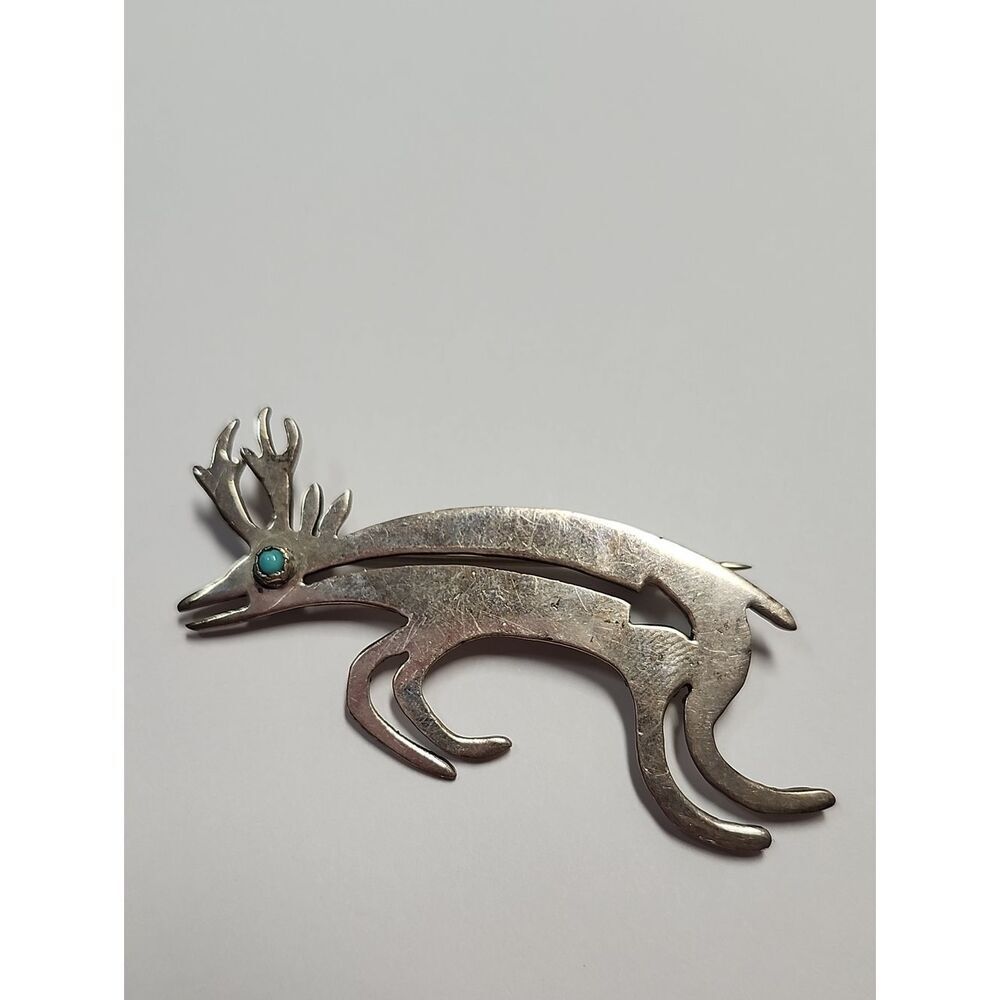 Sterling Silver Native American Artist Dee Morris Brooch Stag Deer Turquoise Eye